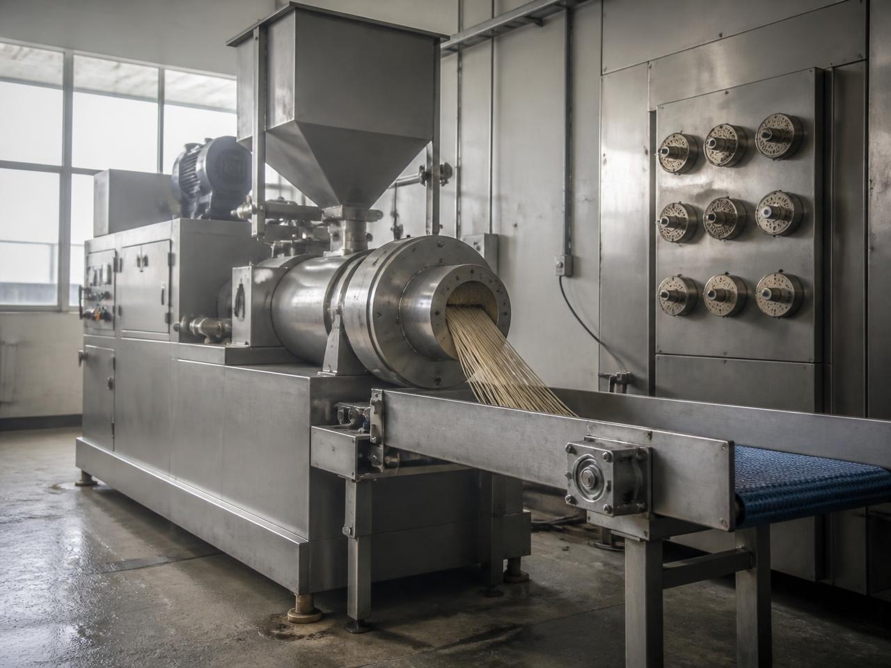 Industrial pasta extrusion machine with conveyor